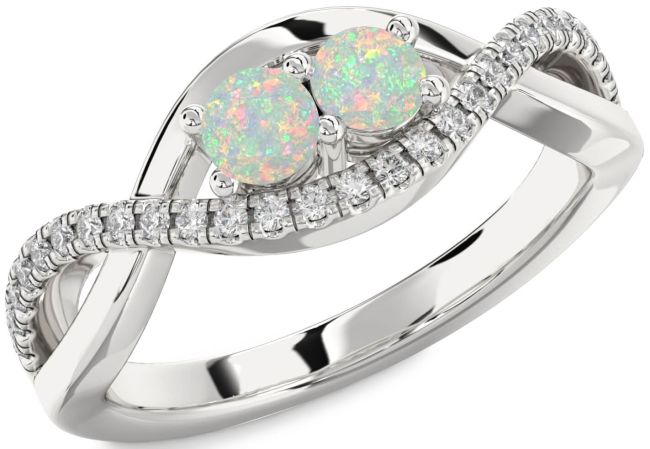 Diamond Opal Silver Infinity Round Two Stone Birthstone Ring