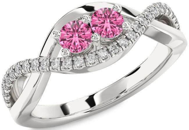 Diamond Pink Sapphire Silver Infinity Round Two Stone Ring
