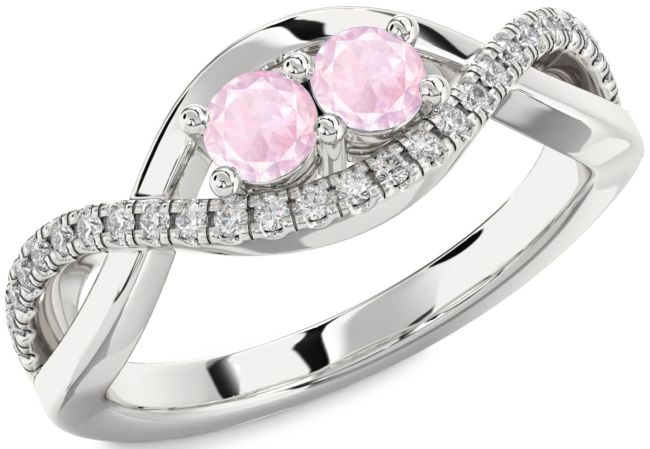 Diamond Rose Quartz Silver Infinity Round Two Stone Ring