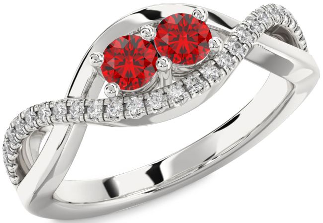 Diamond Ruby Silver Infinity Round Two Stone Birthstone Ring