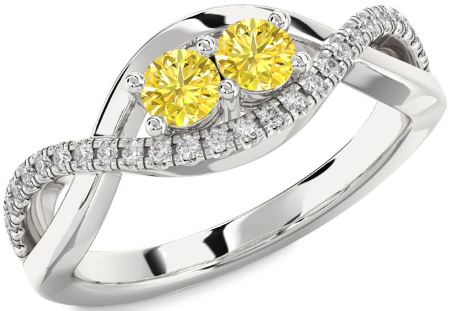 Yellow Diamond Silver Infinity Round Two Stone Ring