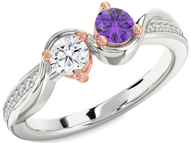 Diamond Silver & 10K Rose Gold Round Two Stone Promise Ring