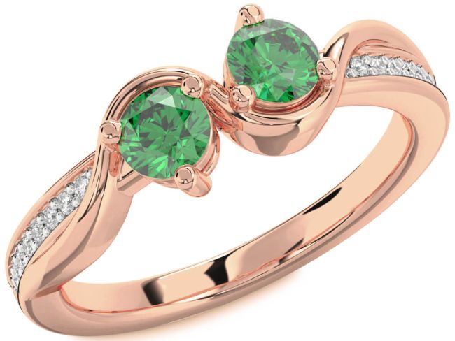 Diamond Emerald Rose Gold Round Two Stone Birthstone Ring