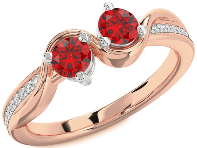Diamond Ruby Rose Gold Silver Round Two Stone Birthstone Ring