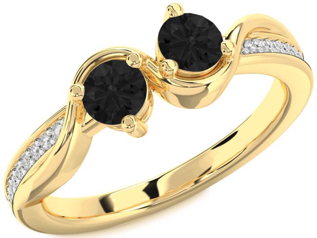 Black Diamond Gold Silver Round Two Stone Ring