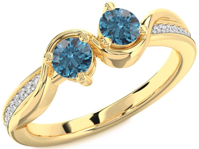 Blue Diamond Gold Silver Round Two Stone Ring