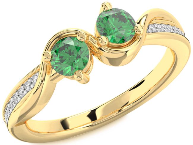 Diamond Emerald Gold Round Two Stone Birthstone Ring