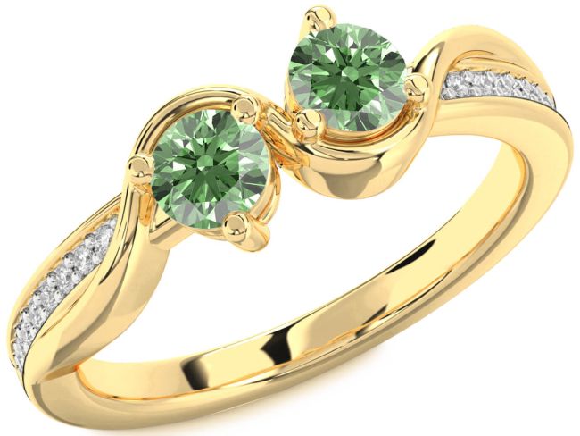 Green Diamond Gold Silver Round Two Stone Ring