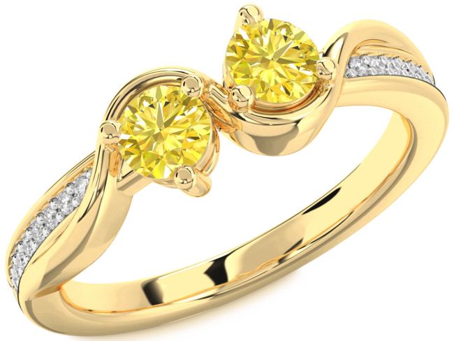 Yellow Diamond Gold Silver Round Two Stone Ring