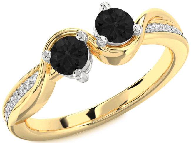 Black Diamond Gold Silver Round Two Stone Ring