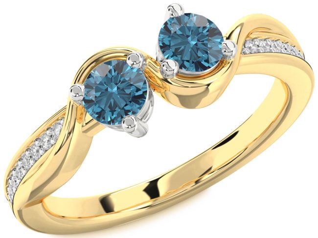 Blue Diamond Gold Silver Round Two Stone Ring