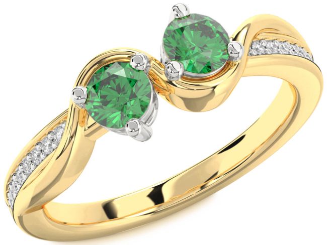 Diamond Emerald Gold Silver Round Two Stone Birthstone Ring