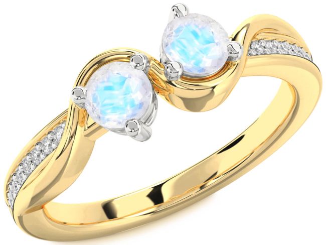 Diamond Moonstone Gold Silver Round Two Stone Ring