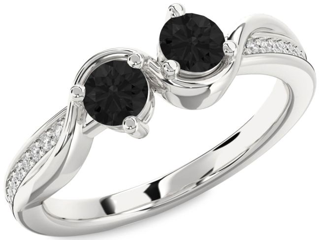 Black Diamond Silver Round Two Stone Ring
