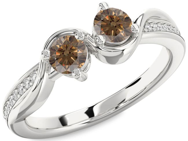 Chocolate Brown Diamond Silver Round Two Stone Ring