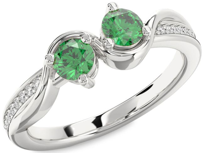 Diamond Emerald Silver Round Two Stone Birthstone Ring