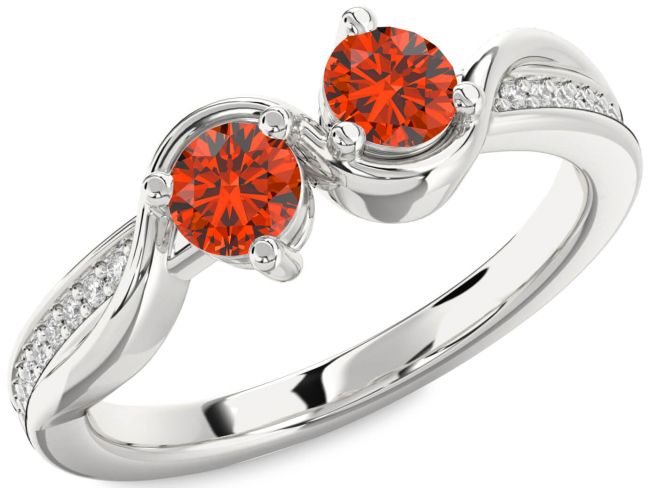 Diamond Fire Opal Silver Round Two Stone Ring