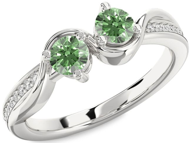 Green Diamond Silver Round Two Stone Ring