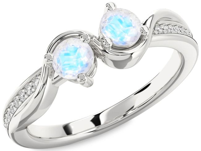 Diamond Moonstone Silver Round Two Stone Ring