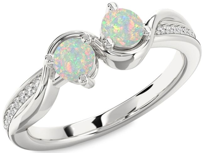 Diamond Opal Silver Round Two Stone Birthstone Ring