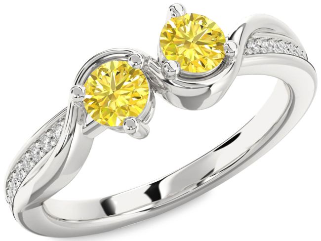 Yellow Diamond Silver Round Two Stone Ring