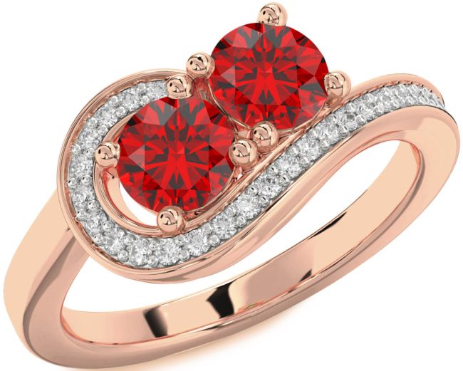 Diamond Ruby Rose Gold Round Two Stone Birthstone Ring
