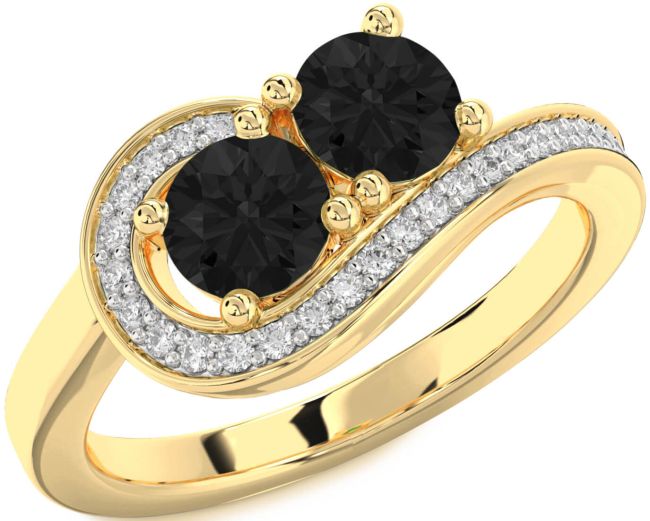 Black Diamond Gold Silver Round Two Stone Ring