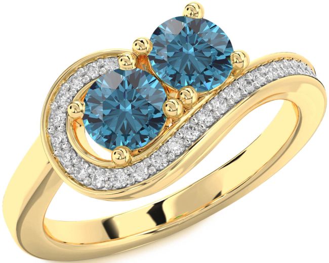 Blue Diamond Gold Silver Round Two Stone Ring