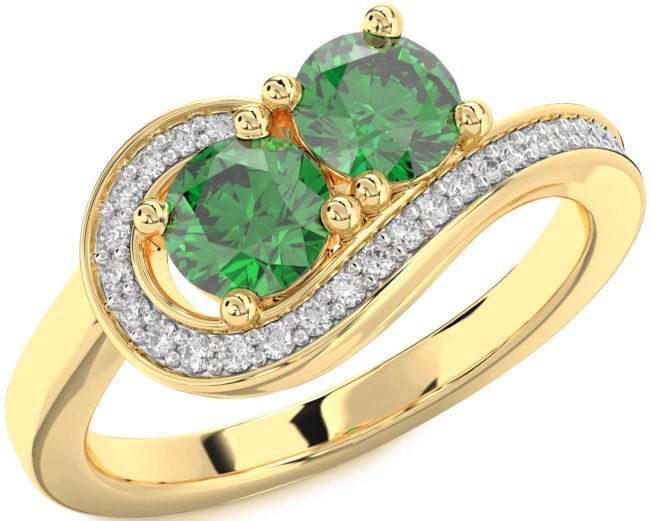 Diamond Emerald Gold Round Two Stone Birthstone Ring