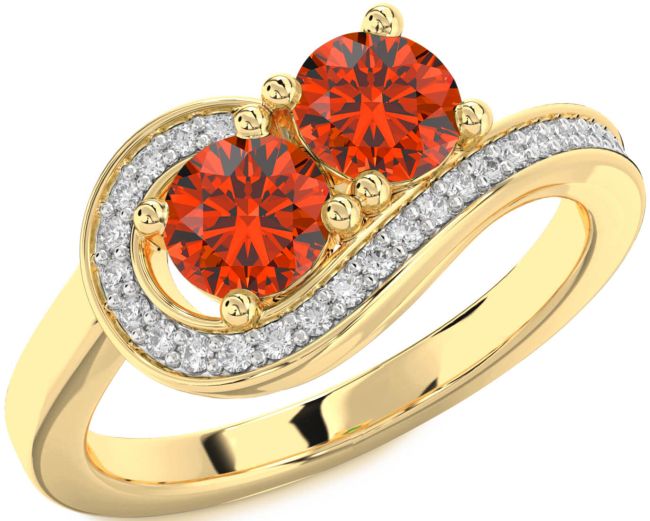 Diamond Fire Opal Gold Silver Round Two Stone Ring