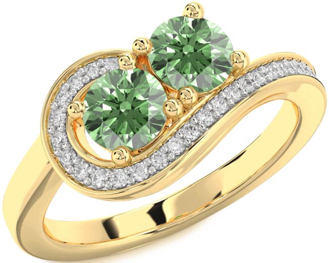 Green Diamond Gold Silver Round Two Stone Ring