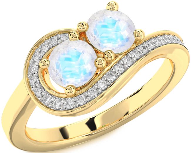 Diamond Moonstone Gold Silver Round Two Stone Ring