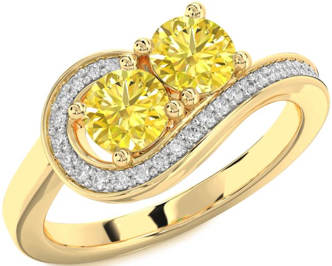 Yellow Diamond Gold Silver Round Two Stone Ring