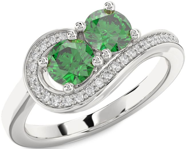 Diamond Emerald Silver Round Two Stone Birthstone Ring