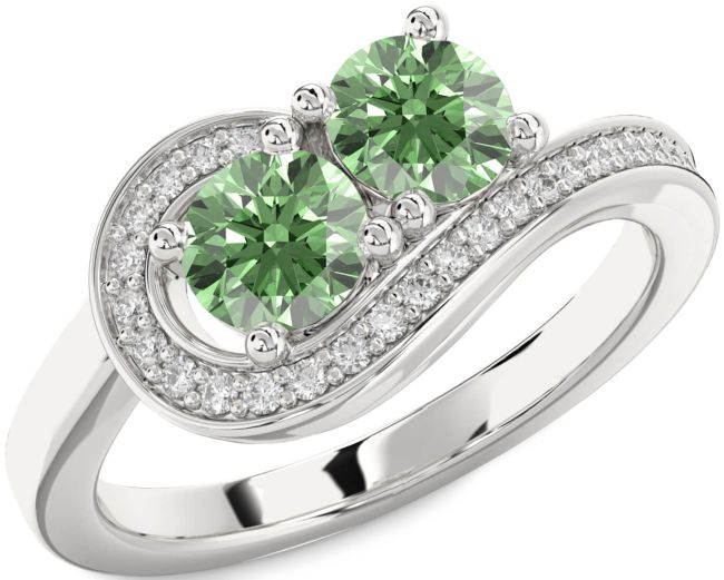 Green Diamond Silver Round Two Stone Ring