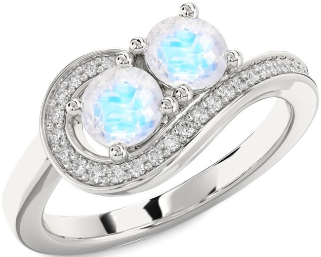 Diamond Moonstone Silver Round Two Stone Ring