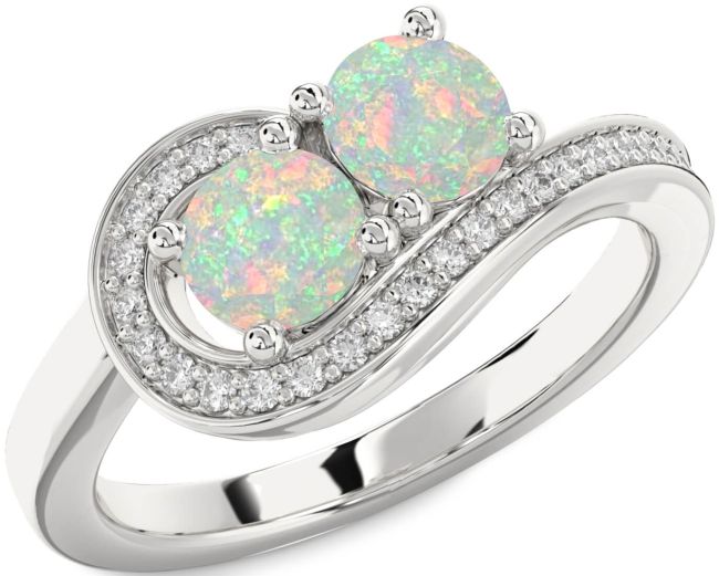 Diamond Opal Silver Round Two Stone Birthstone Ring