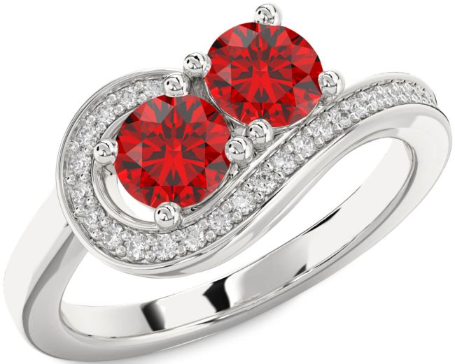 Diamond Ruby Silver Round Two Stone Birthstone Ring