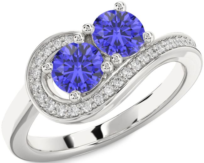 Diamond Tanzanite Silver Round Two Stone Ring