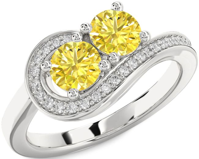 Yellow Diamond Silver Round Two Stone Ring