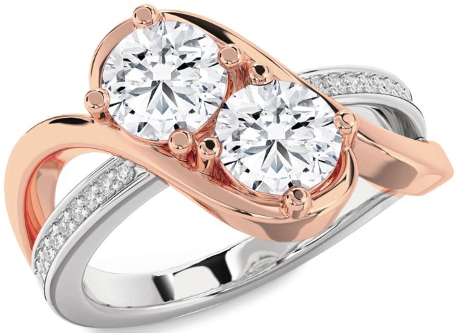 Diamond Rose Gold Silver Round Two Stone Ring