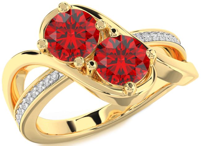 Diamond Ruby Gold Silver Round Two Stone Birthstone Ring