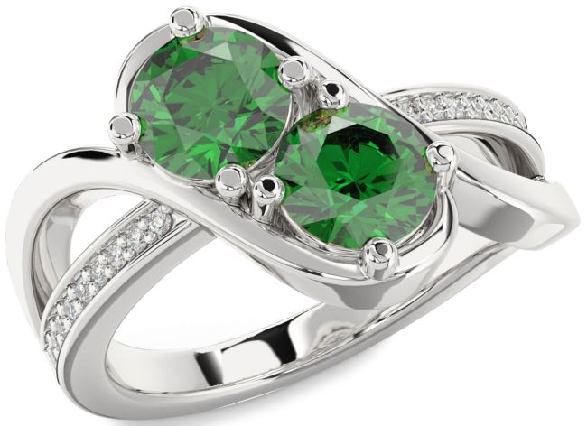 Diamond Emerald Silver Round Two Stone Birthstone Ring