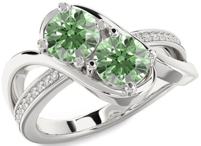 Green Diamond Silver Round Two Stone Ring