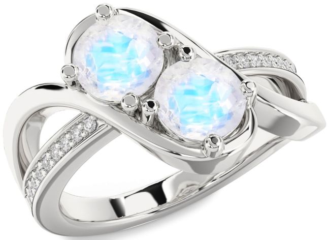 Diamond Moonstone Silver Round Two Stone Ring