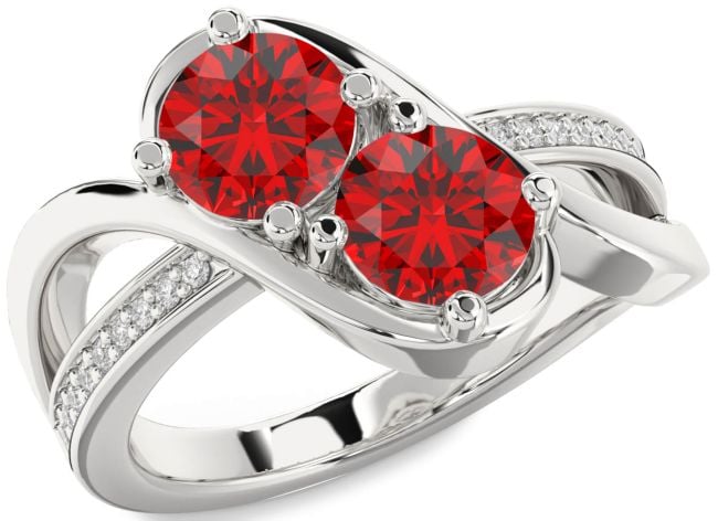 Diamond Ruby Silver Round Two Stone Birthstone Ring
