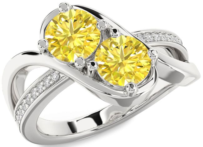 Yellow Diamond Silver Round Two Stone Ring