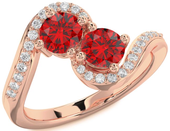 Diamond Ruby Rose Gold Round Two Stone Birthstone Ring