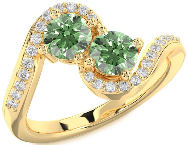 Green Diamond Gold Silver Round Two Stone Ring