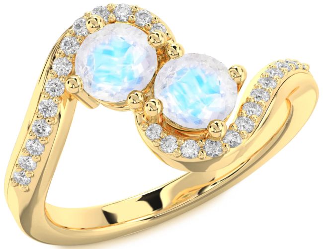 Diamond Moonstone Gold Silver Round Two Stone Ring